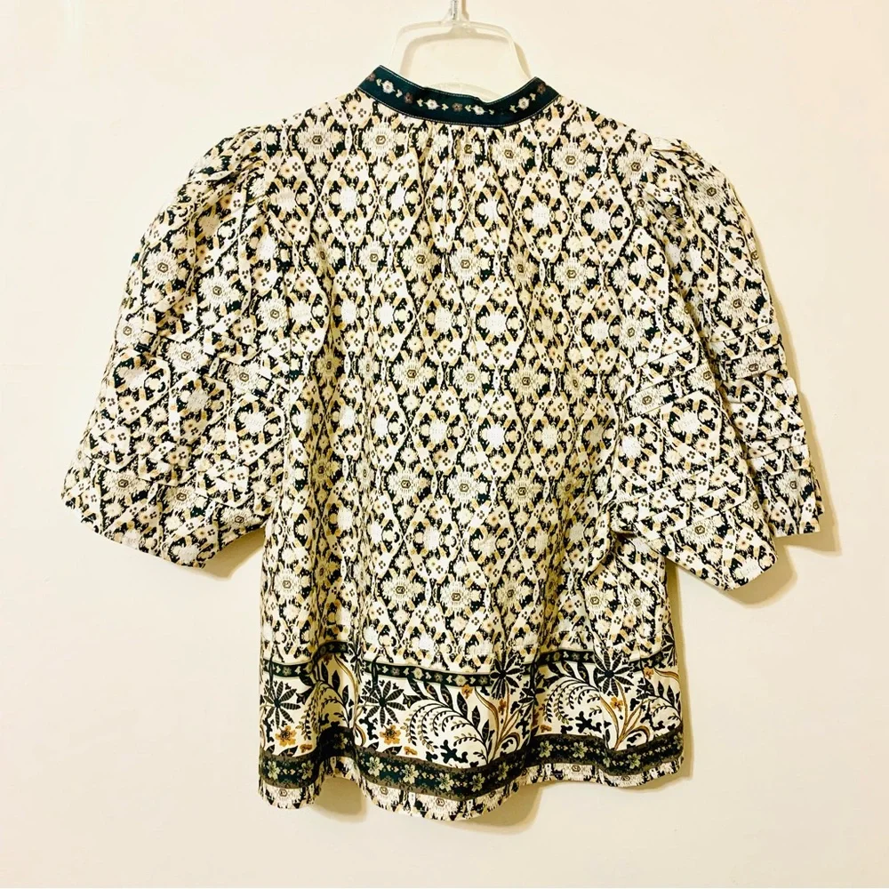 Anthropologie Pleated Puff-Sleeve Blouse Boho Peasant Top - Size Medium